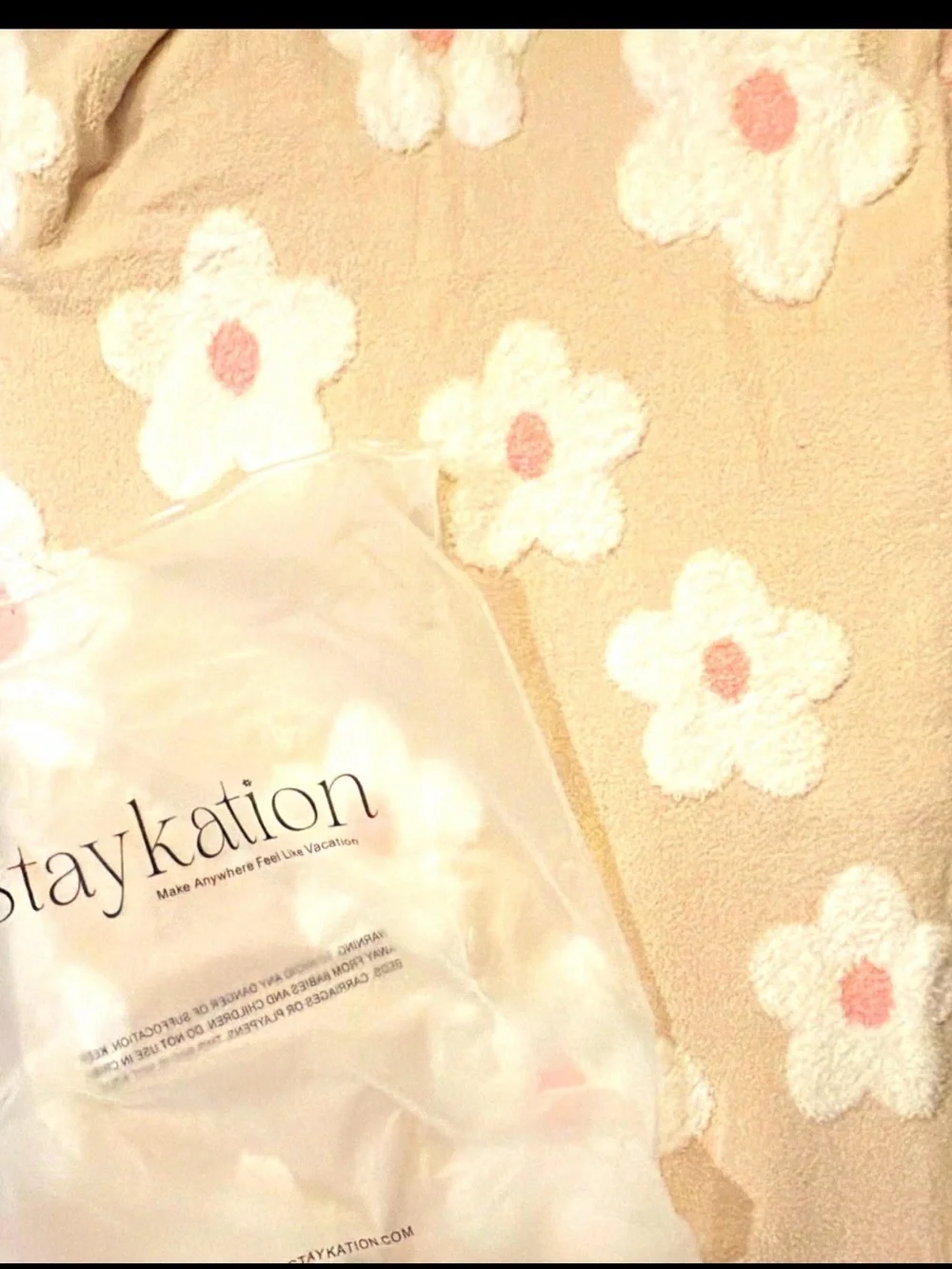 Staykation Plush Floral Throw Blanket - Cream with Pink Accents